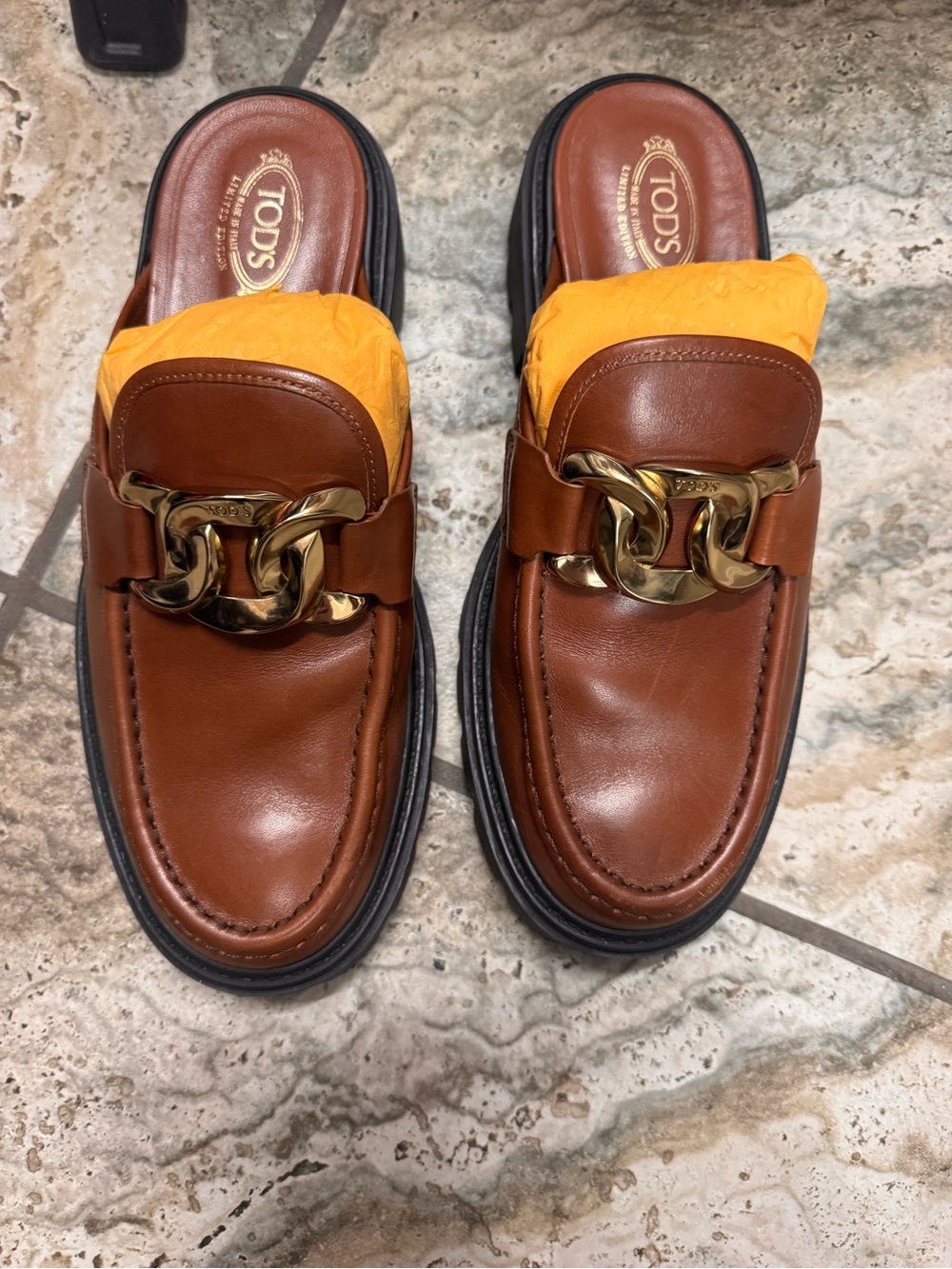 Tod's Brown Leather Slip-On Loafers with Gold Chain Hardware